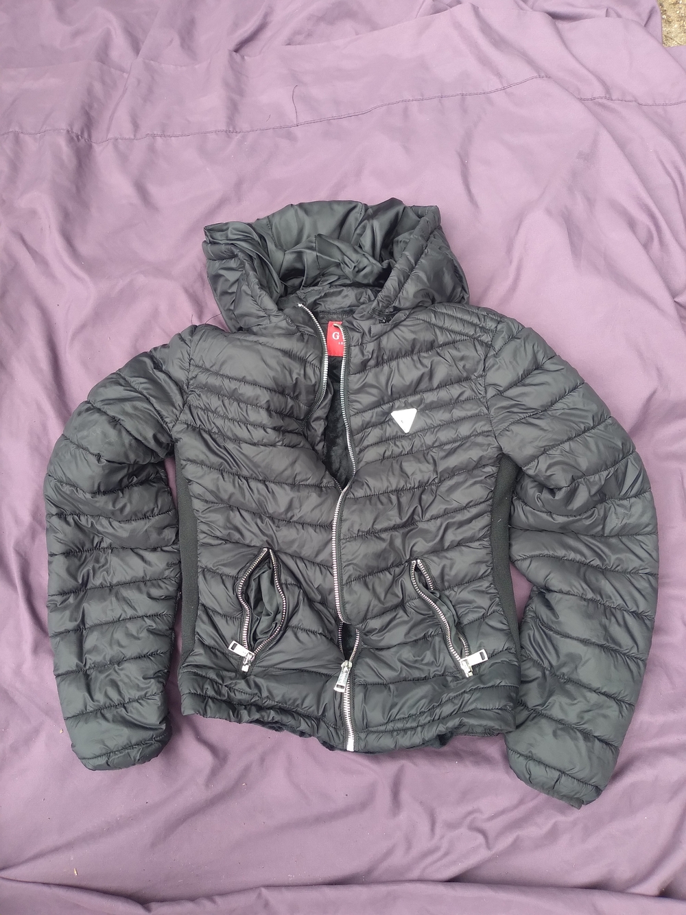 Guess Black Quilted Jacket with Red Logo Patch